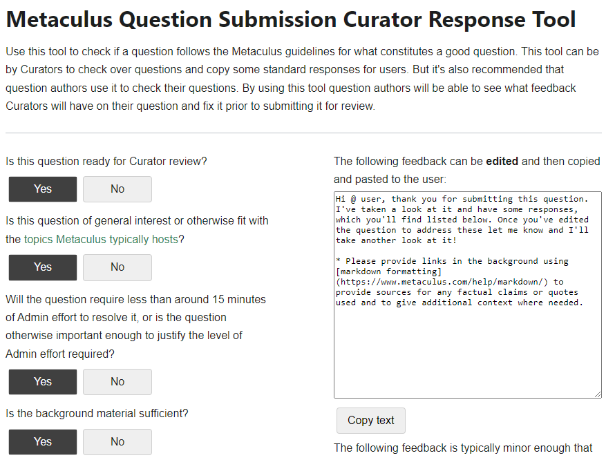 Image showing the Metaculus question curation tool page